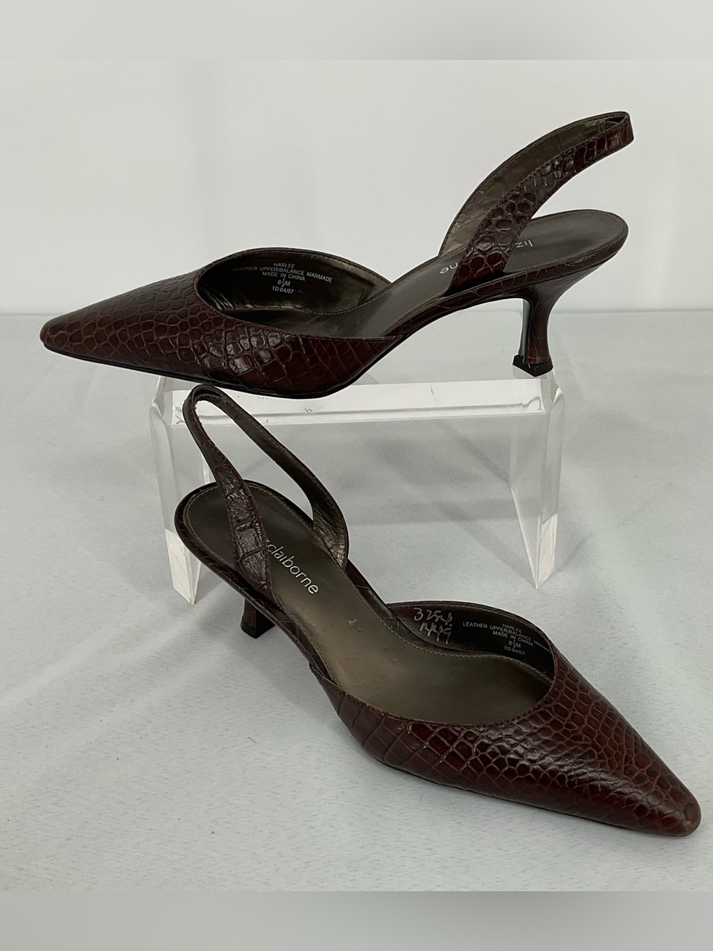 Liz Claiborne  Brown Harlee Croc-Embossed Slingback Kitten Heels Size 8.5